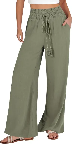Women's Linen Blend Summer Floral Pants Low Waist Wide Leg Plus Size Pant Trousers Travel