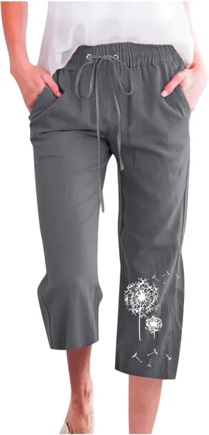 Womens Linen Capris Casual Summer Elastic High Waist Dandelion Print Capri Pants Wide Leg Cropped Lounge Trousers