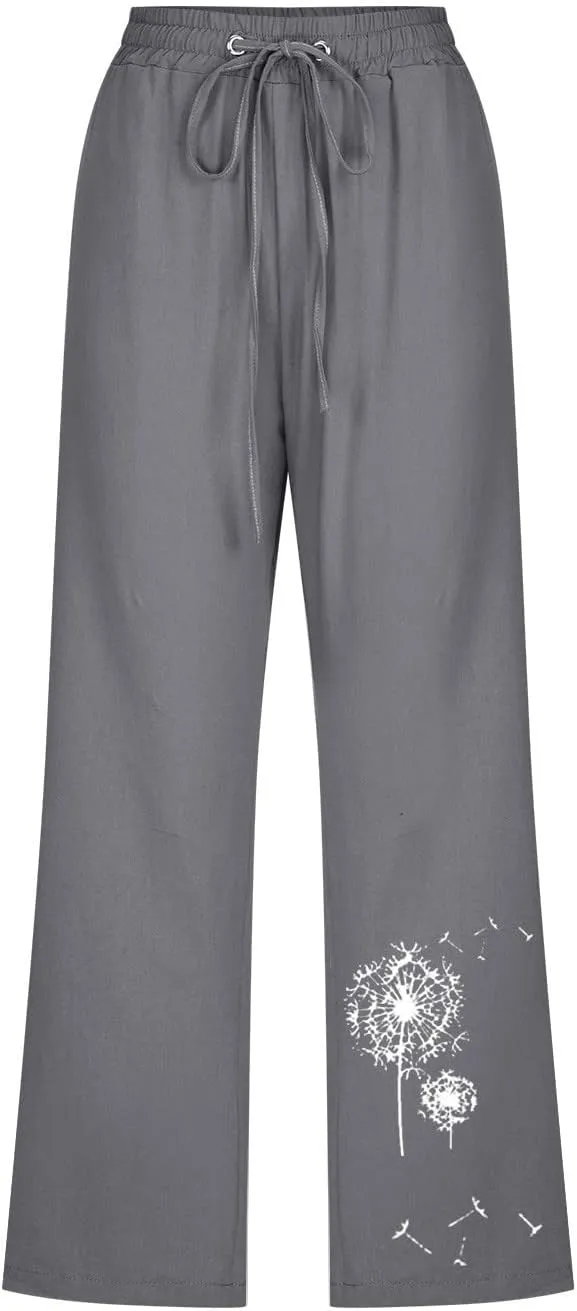 Womens Linen Capris Casual Summer Elastic High Waist Dandelion Print Capri Pants Wide Leg Cropped Lounge Trousers