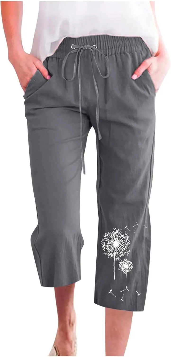Womens Linen Capris Casual Summer Elastic High Waist Dandelion Print Capri Pants Wide Leg Cropped Lounge Trousers