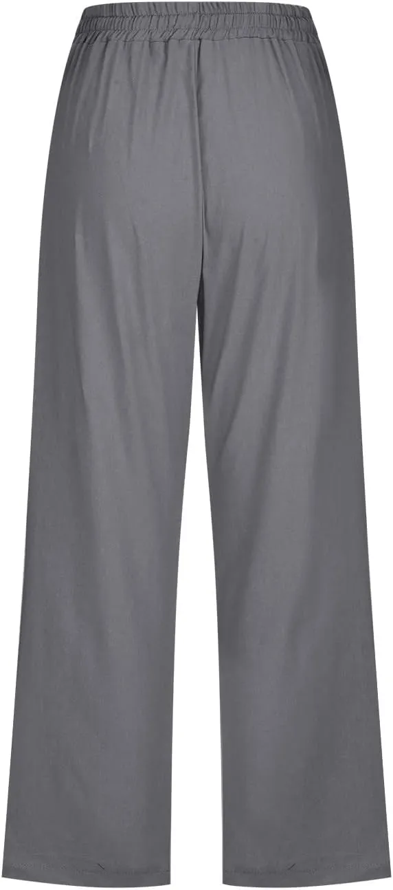 Womens Linen Capris Casual Summer Elastic High Waist Dandelion Print Capri Pants Wide Leg Cropped Lounge Trousers