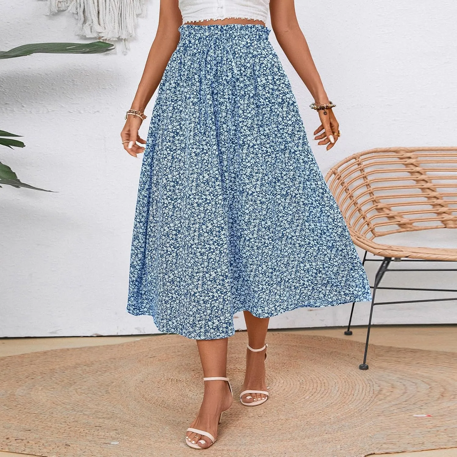 Womens Linen Mid Length Skirt Summer Drawstring High Waisted Skirt Pleated A Line Knee Length Skirts with Pockets
