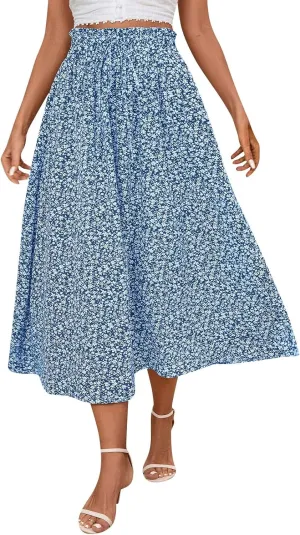 Womens Linen Mid Length Skirt Summer Drawstring High Waisted Skirt Pleated A Line Knee Length Skirts with Pockets