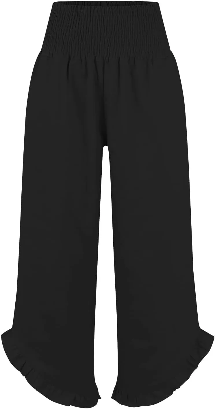 Women's Linen Palazzo Pants Smocked Waist Ruffle Cuffs Wide Leg Boho Pants Summer Beach Vacation Loose Flowy Trousers