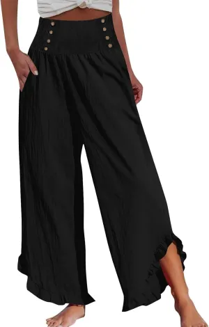 Women's Linen Palazzo Pants Smocked Waist Ruffle Cuffs Wide Leg Boho Pants Summer Beach Vacation Loose Flowy Trousers