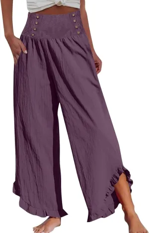 Women's Linen Palazzo Pants Smocked Waist Ruffle Cuffs Wide Leg Boho Pants Summer Beach Vacation Loose Flowy Trousers