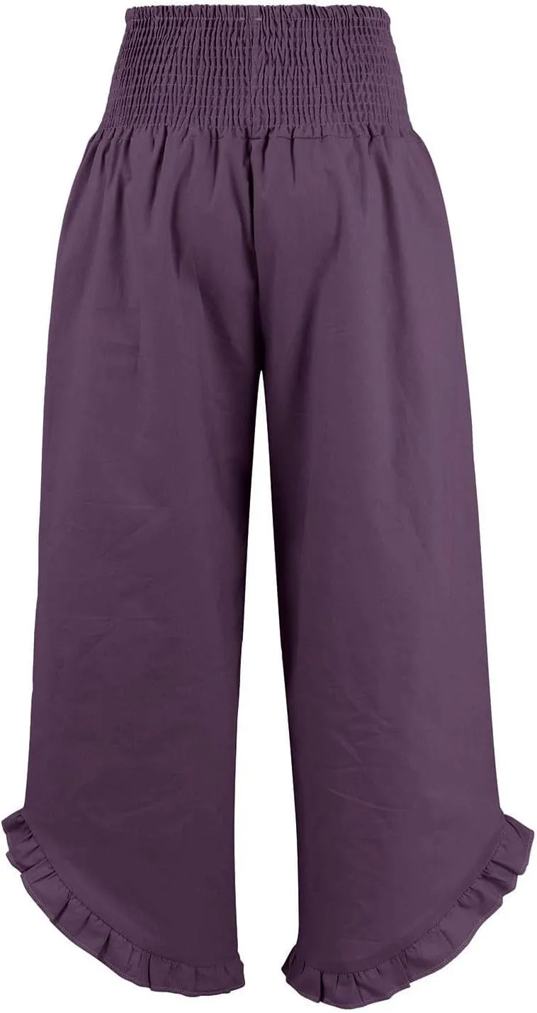 Women's Linen Palazzo Pants Smocked Waist Ruffle Cuffs Wide Leg Boho Pants Summer Beach Vacation Loose Flowy Trousers