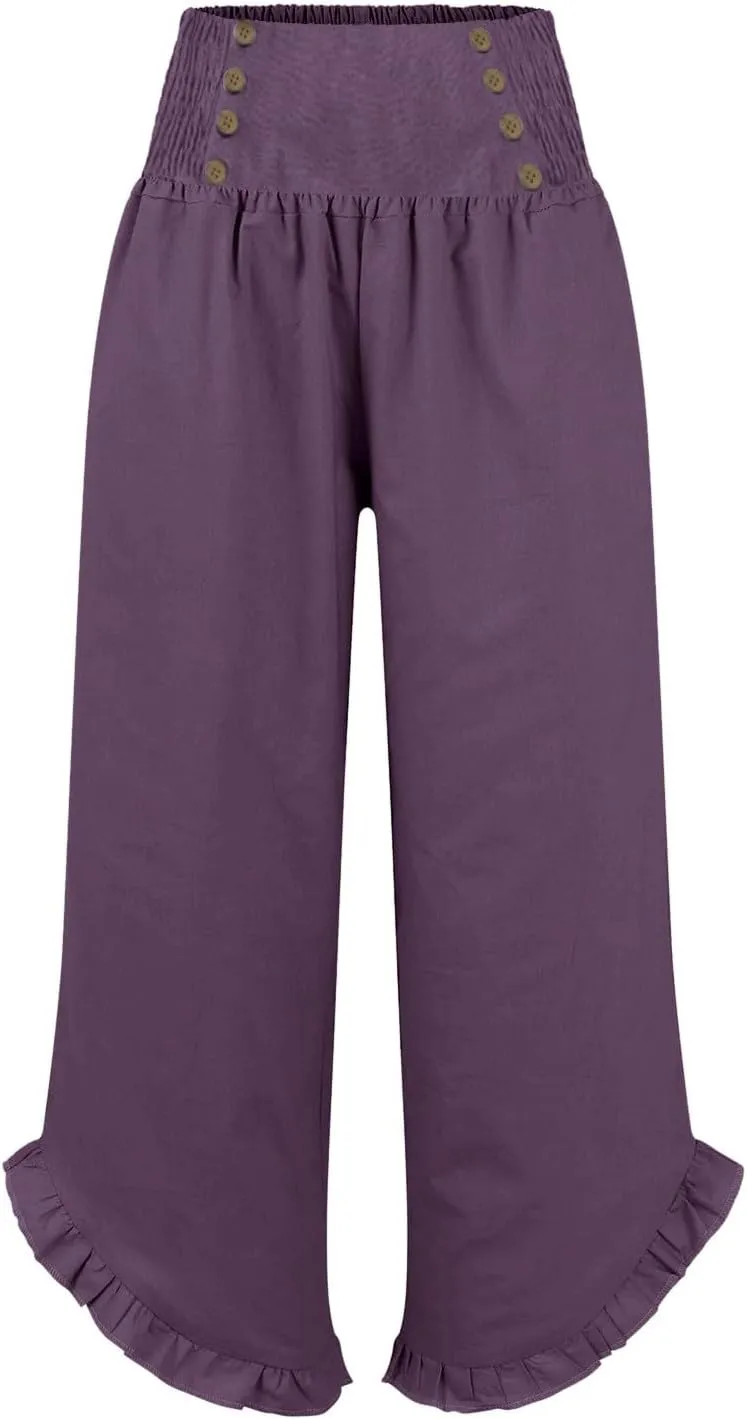 Women's Linen Palazzo Pants Smocked Waist Ruffle Cuffs Wide Leg Boho Pants Summer Beach Vacation Loose Flowy Trousers