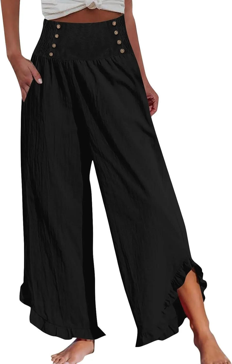 Women's Linen Palazzo Pants Smocked Waist Ruffle Cuffs Wide Leg Boho Pants Summer Beach Vacation Loose Flowy Trousers