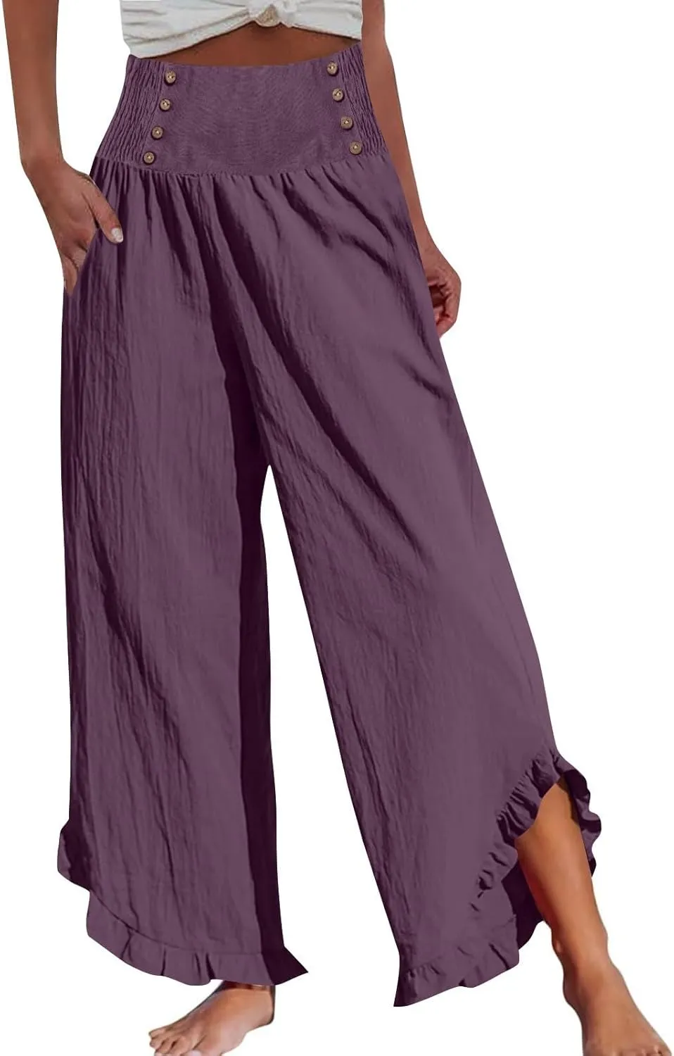 Women's Linen Palazzo Pants Smocked Waist Ruffle Cuffs Wide Leg Boho Pants Summer Beach Vacation Loose Flowy Trousers