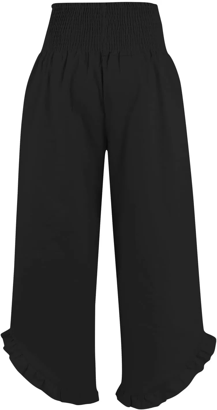 Women's Linen Palazzo Pants Smocked Waist Ruffle Cuffs Wide Leg Boho Pants Summer Beach Vacation Loose Flowy Trousers