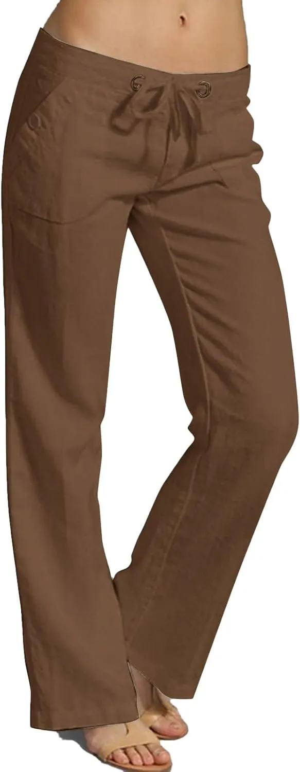 Womens Linen Pants Lounge Pant Floral Solid Palazzo Pants High Waist Wide Leg Trousers with Pockets Beach Outfits for Women