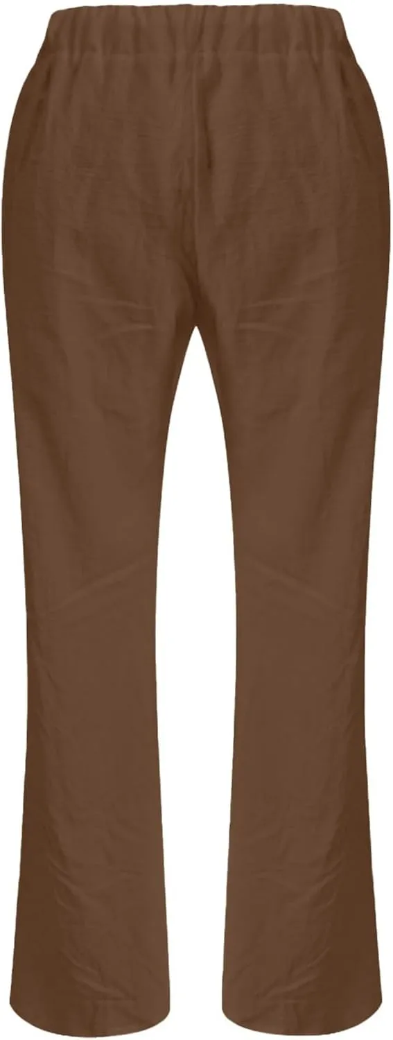 Womens Linen Pants Lounge Pant Floral Solid Palazzo Pants High Waist Wide Leg Trousers with Pockets Beach Outfits for Women