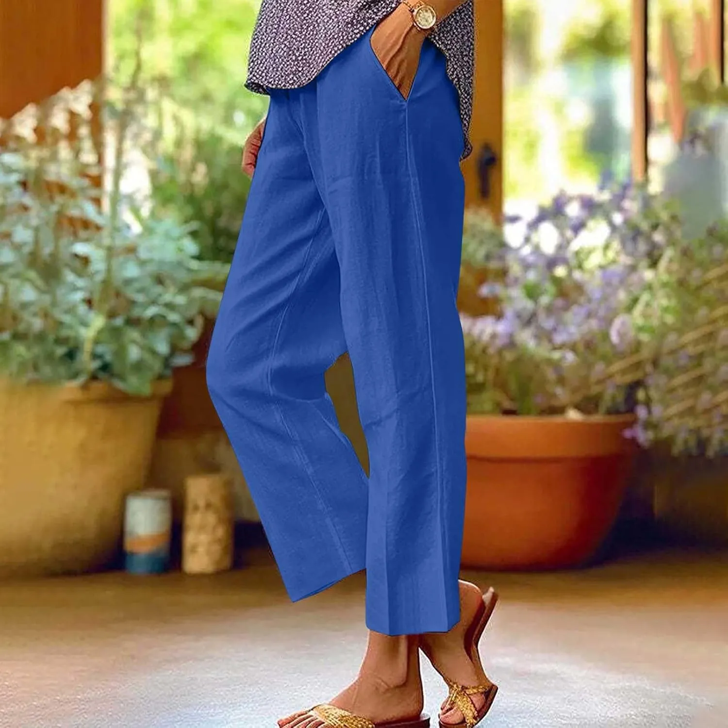 Women's Linen Summer Tie Knot Palazzo Lounge Pants High Waist Ankle Length Slim Fit Pant Trousers Office