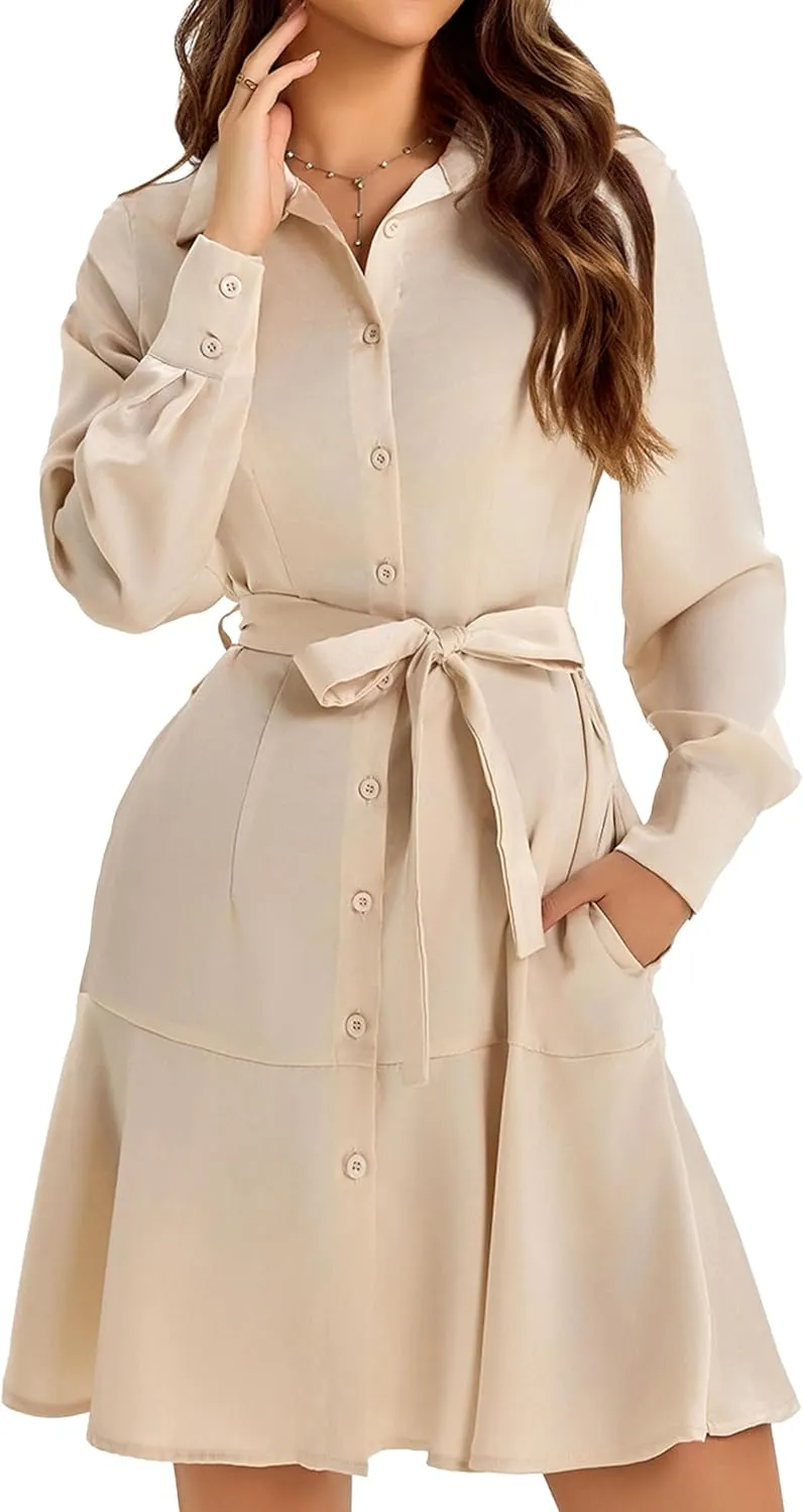 Women's Long Sleeve Button Down Shirt Dress Casual Tie Waist Midi Dresses