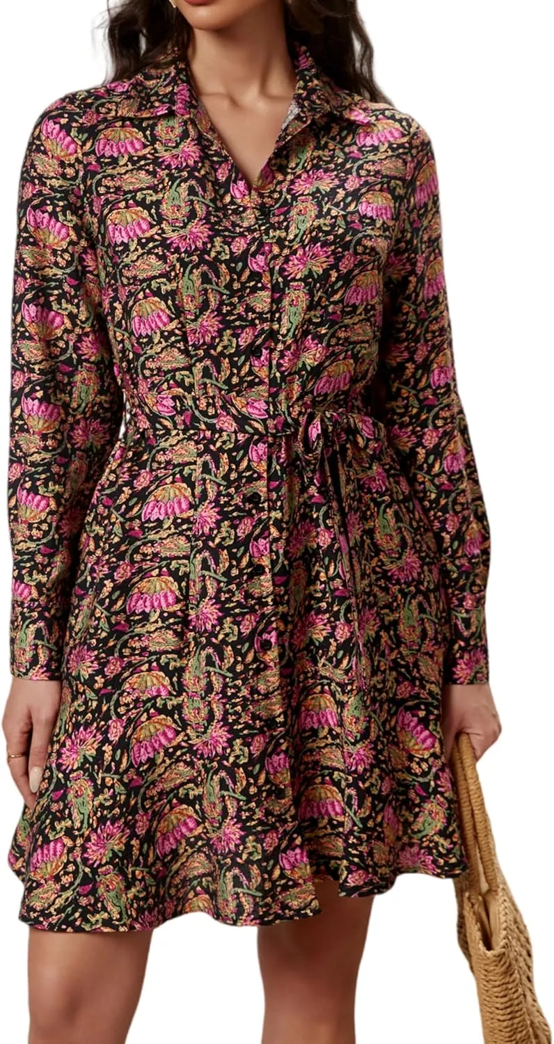 Women's Long Sleeve Button Down Shirt Dress Casual Tie Waist Midi Dresses