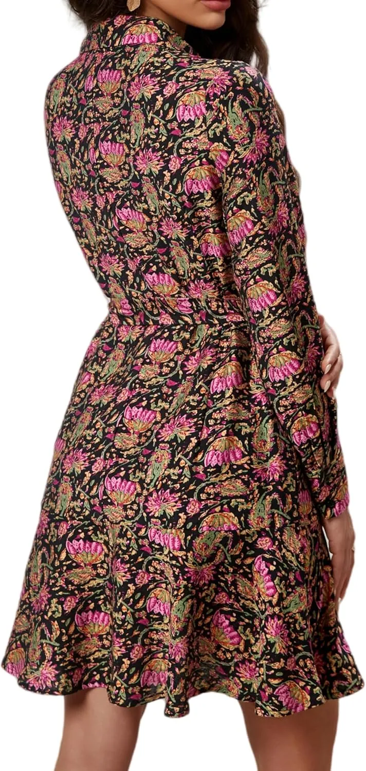 Women's Long Sleeve Button Down Shirt Dress Casual Tie Waist Midi Dresses
