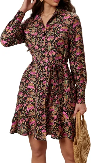 Women's Long Sleeve Button Down Shirt Dress Casual Tie Waist Midi Dresses