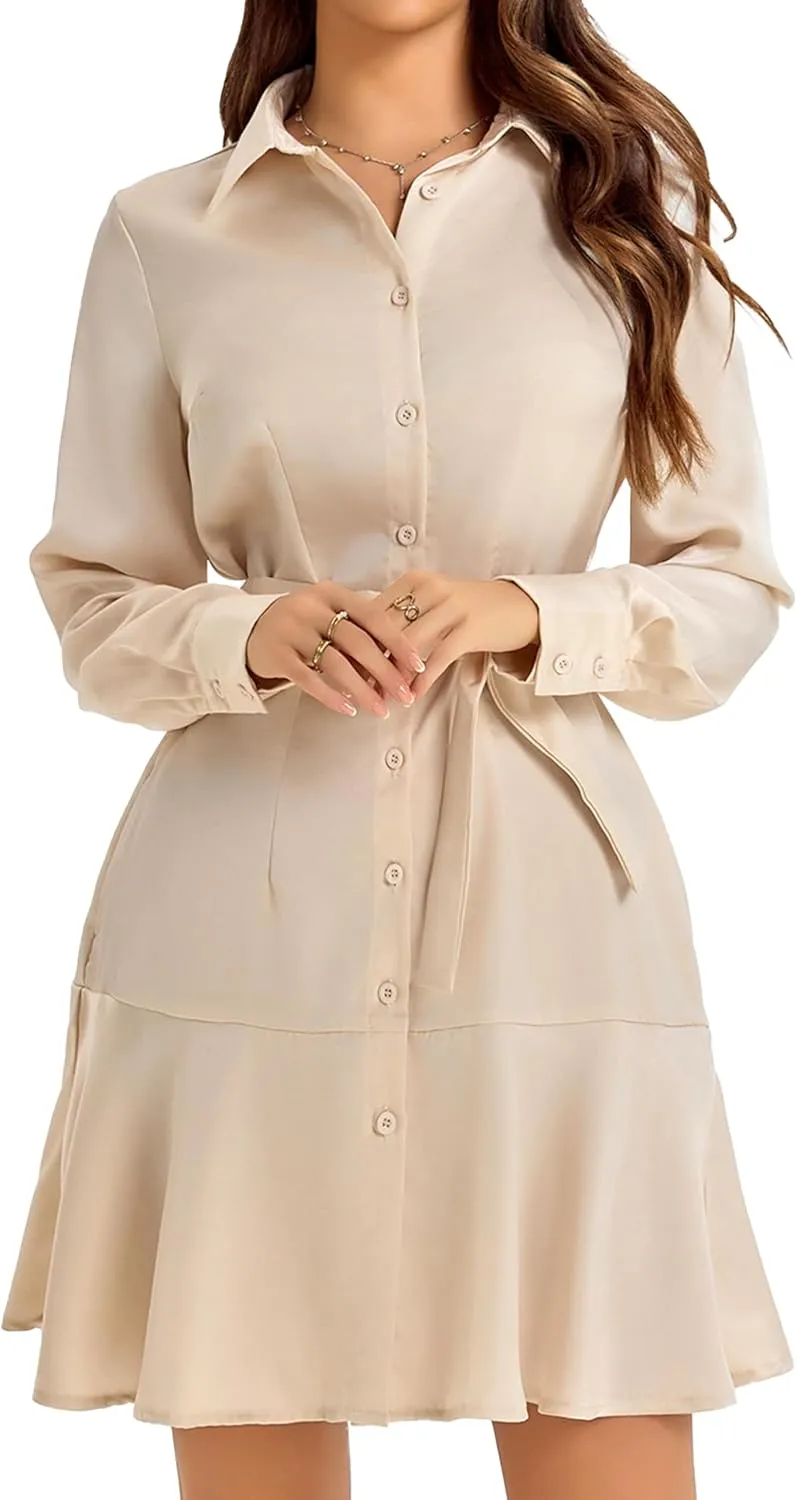 Women's Long Sleeve Button Down Shirt Dress Casual Tie Waist Midi Dresses