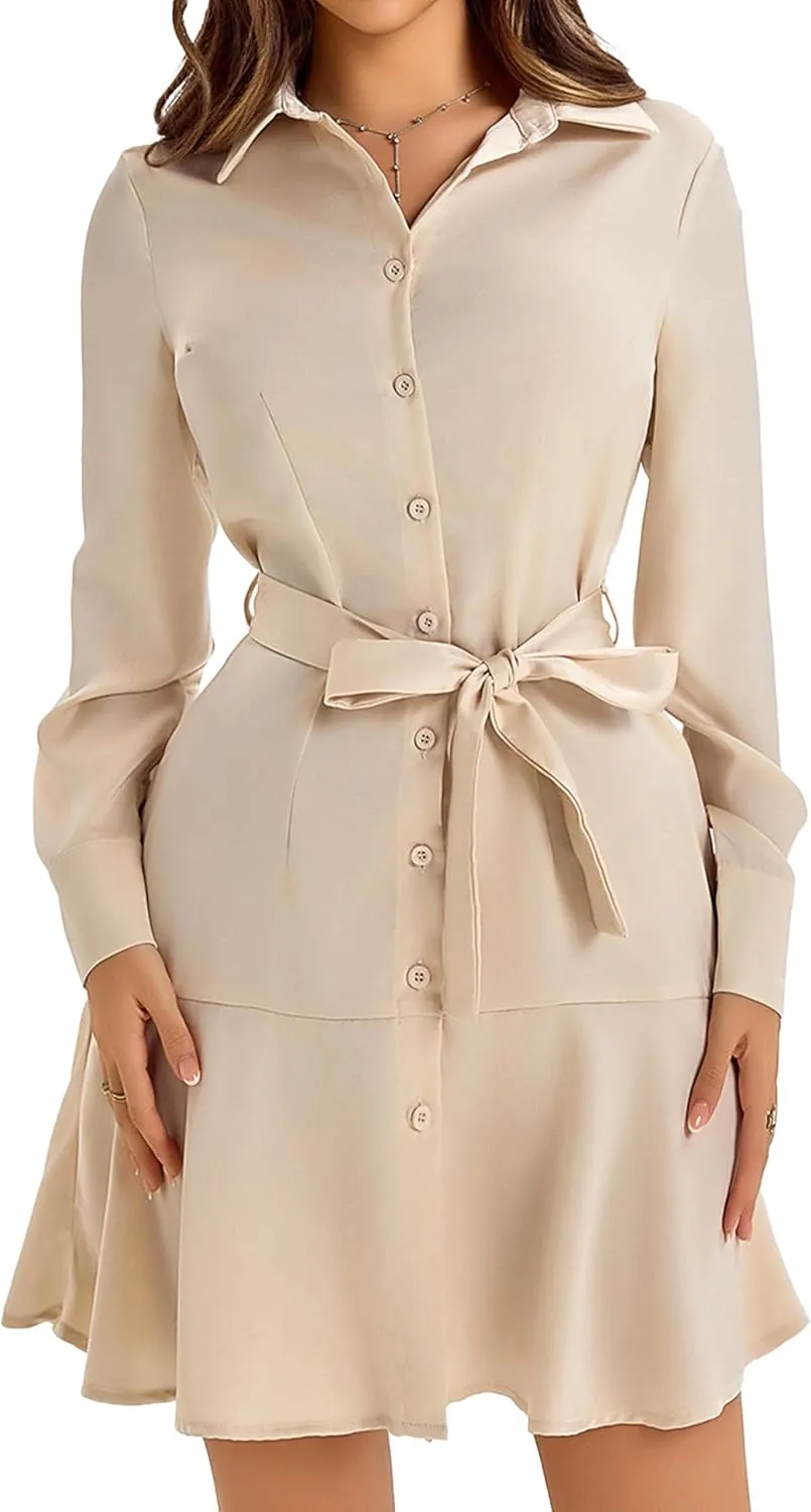 Women's Long Sleeve Button Down Shirt Dress Casual Tie Waist Midi Dresses