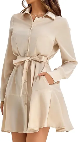 Women's Long Sleeve Button Down Shirt Dress Casual Tie Waist Midi Dresses