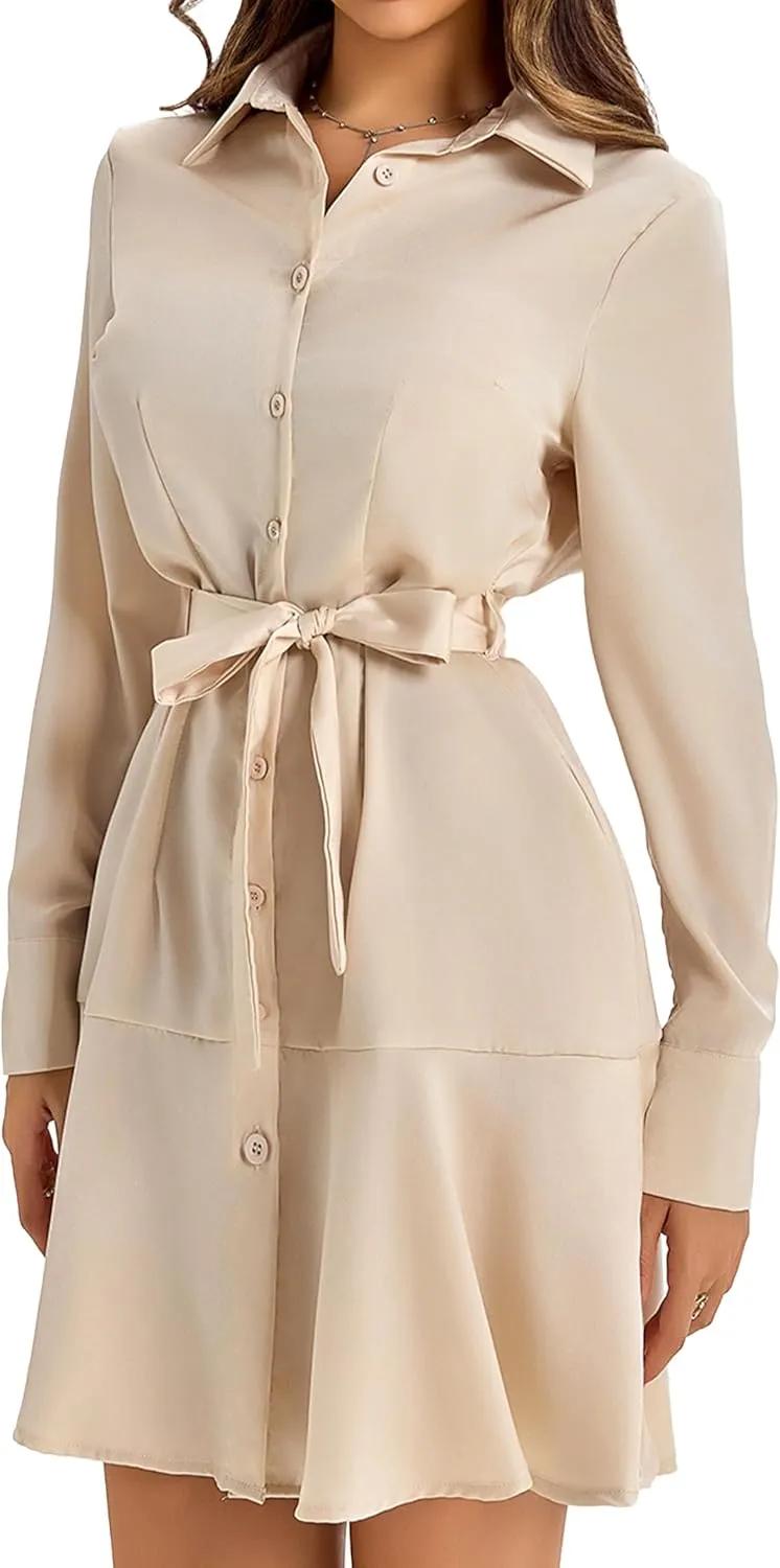 Women's Long Sleeve Button Down Shirt Dress Casual Tie Waist Midi Dresses