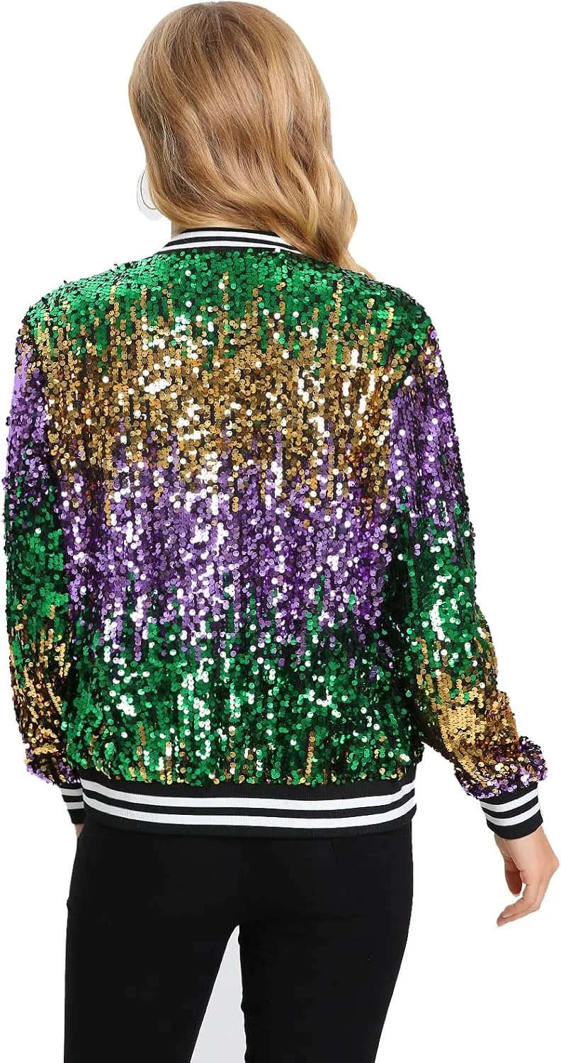 Womens Long Sleeve Sequin Open Front Zipper Jacket with Ribbed Cuffs