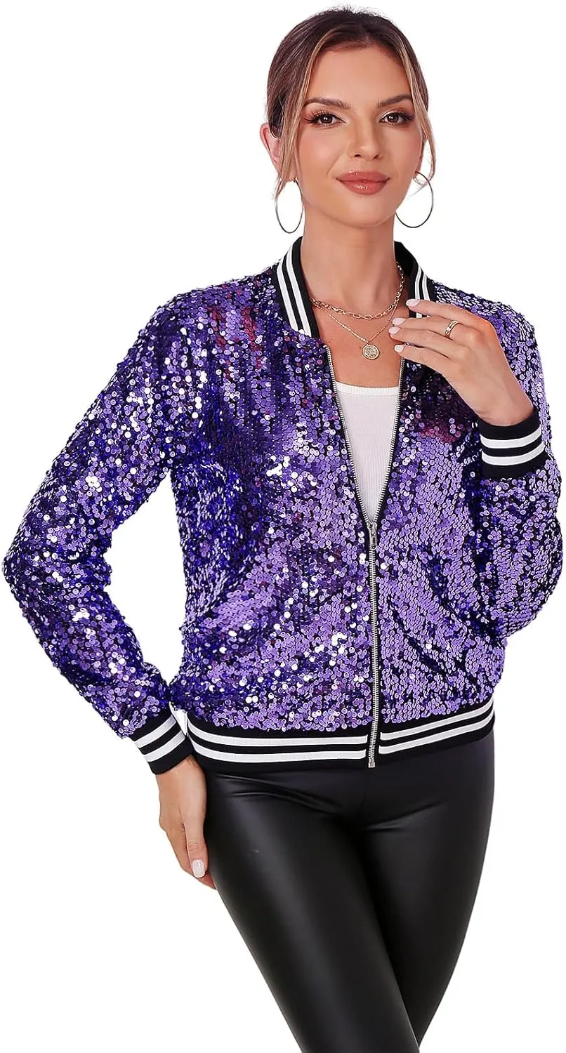 Womens Long Sleeve Sequin Open Front Zipper Jacket with Ribbed Cuffs