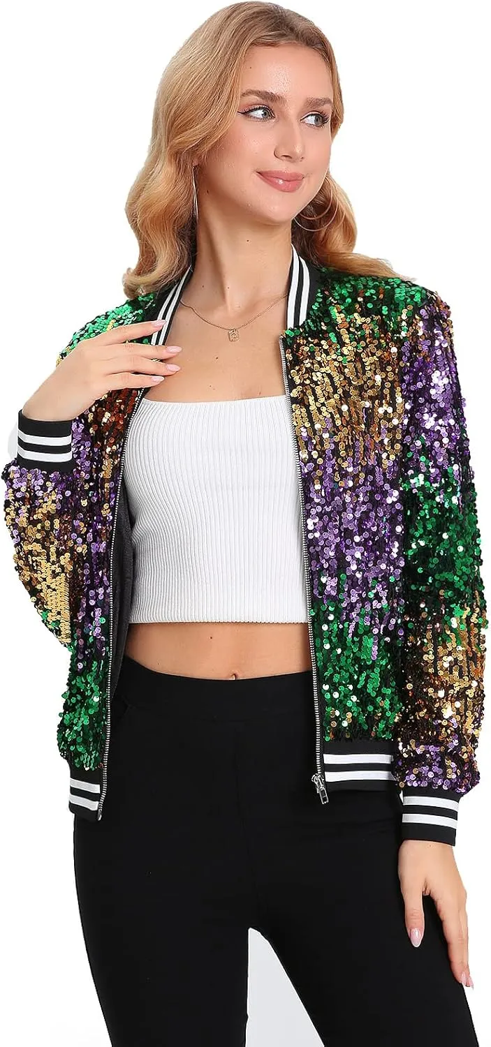 Womens Long Sleeve Sequin Open Front Zipper Jacket with Ribbed Cuffs