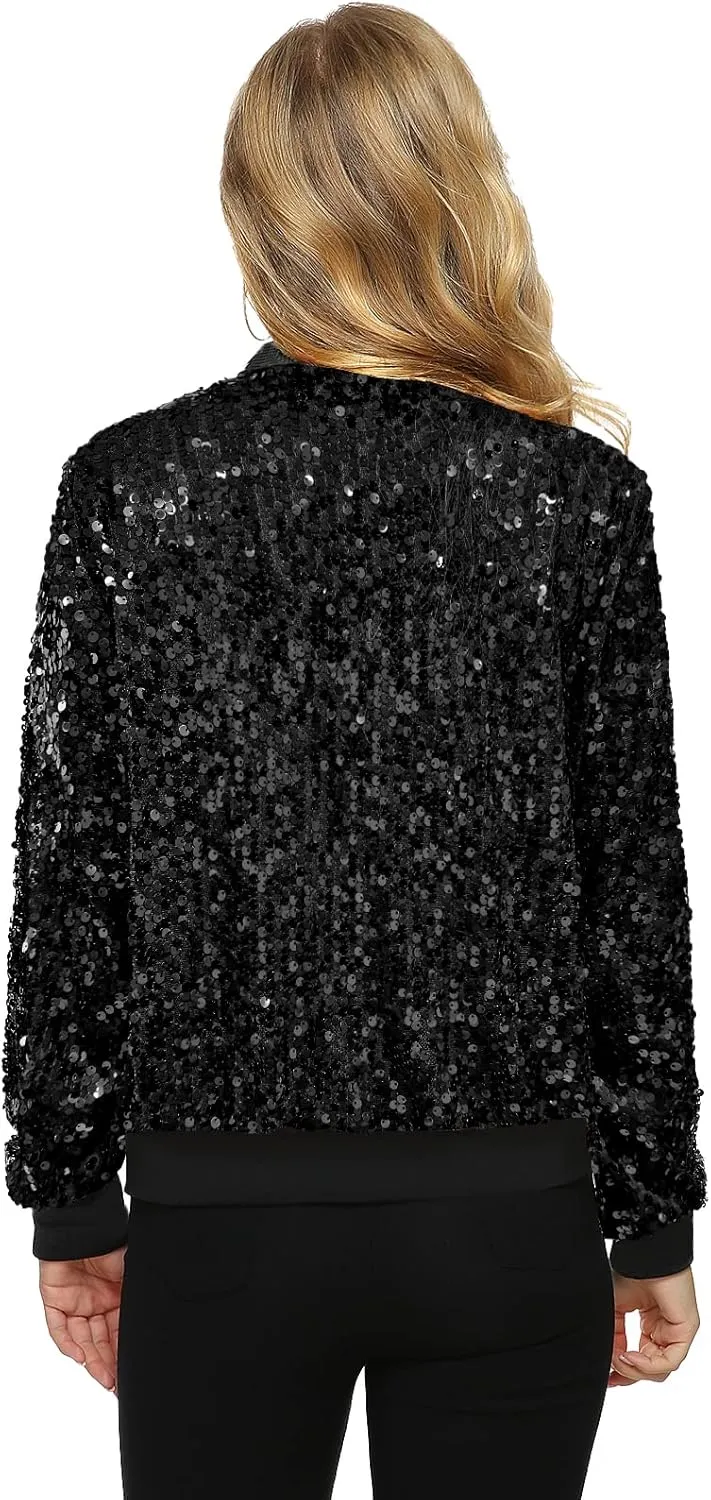Womens Long Sleeve Sequin Open Front Zipper Jacket with Ribbed Cuffs