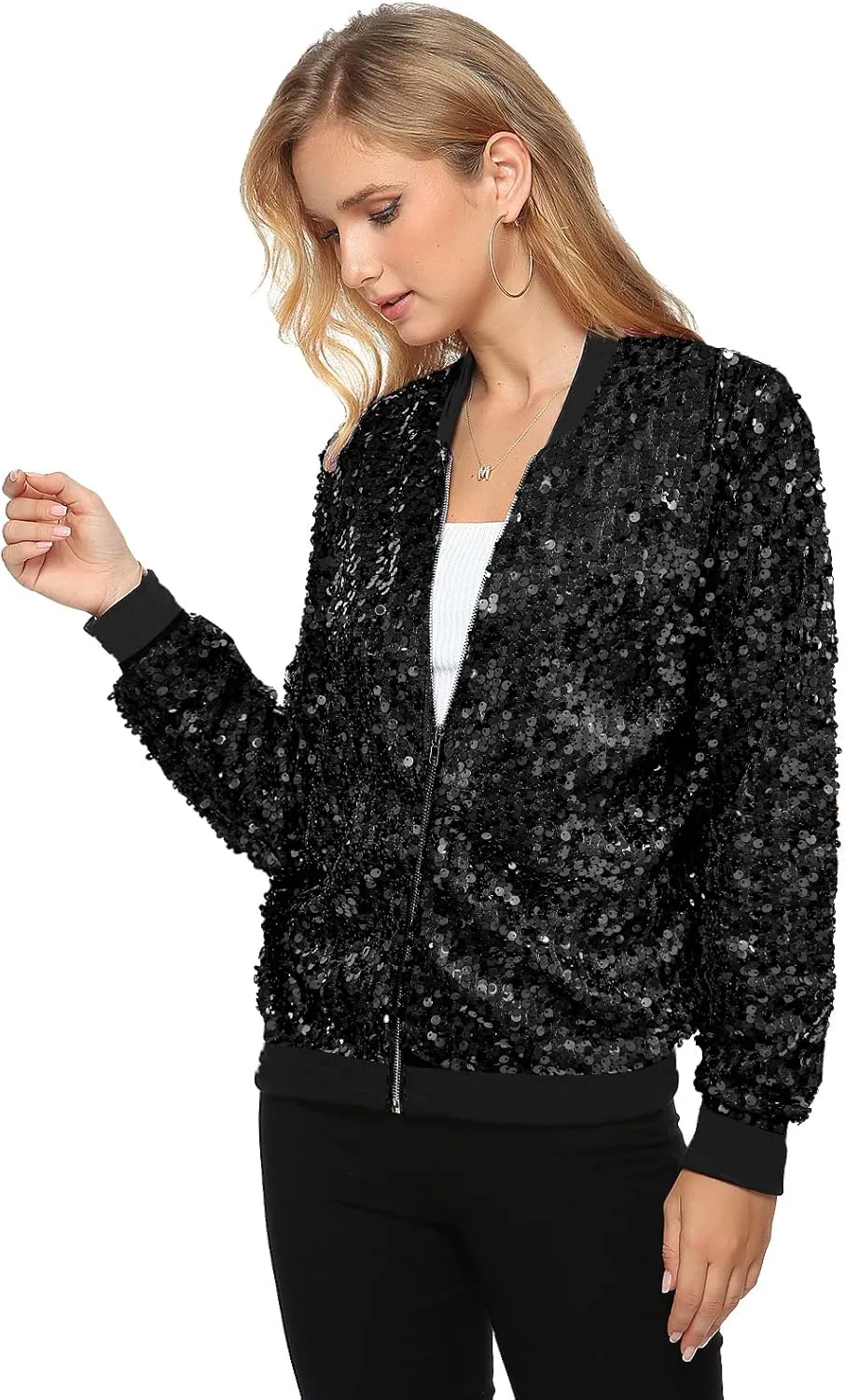 Womens Long Sleeve Sequin Open Front Zipper Jacket with Ribbed Cuffs