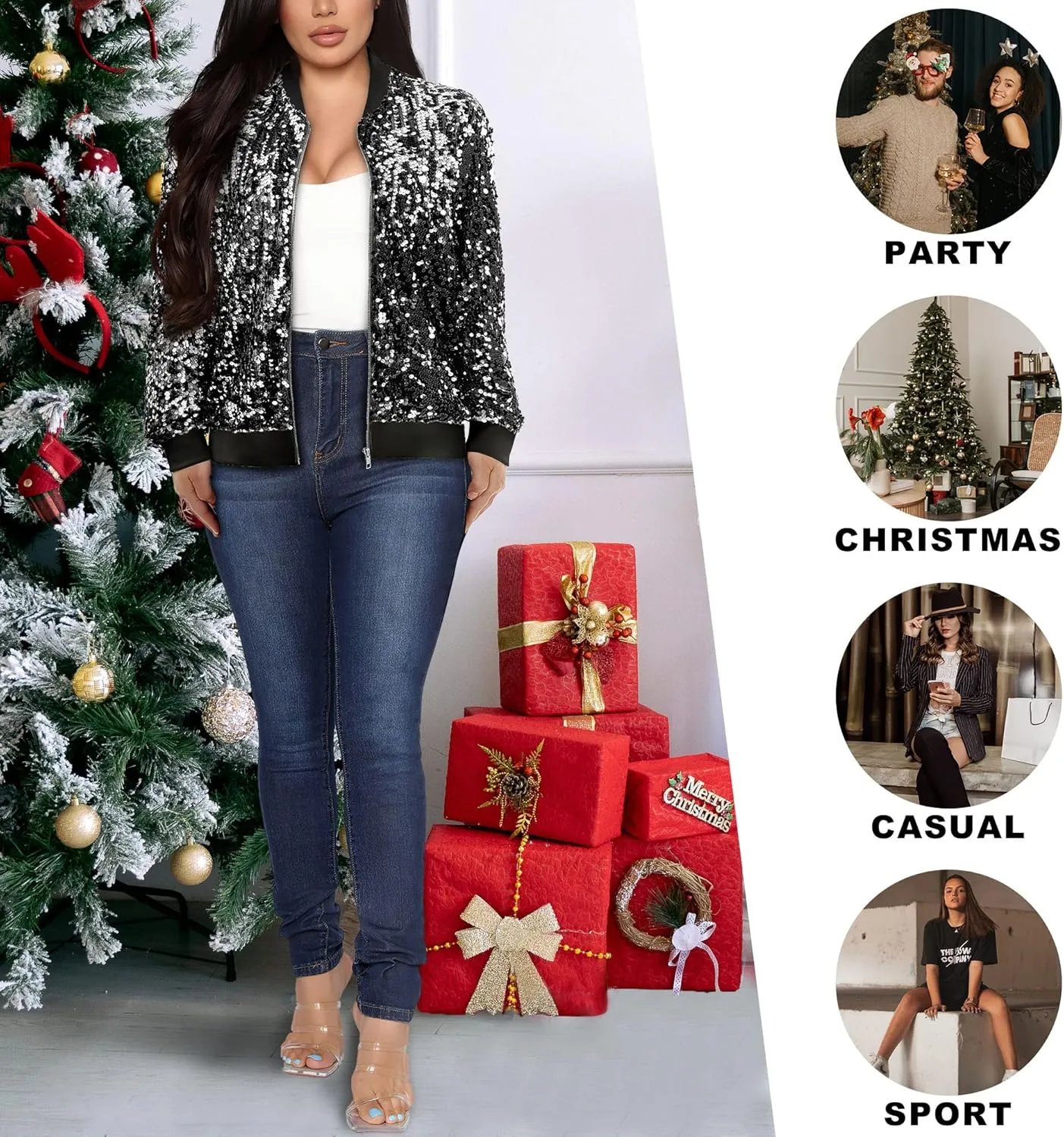 Womens Long Sleeve Sequin Open Front Zipper Jacket with Ribbed Cuffs