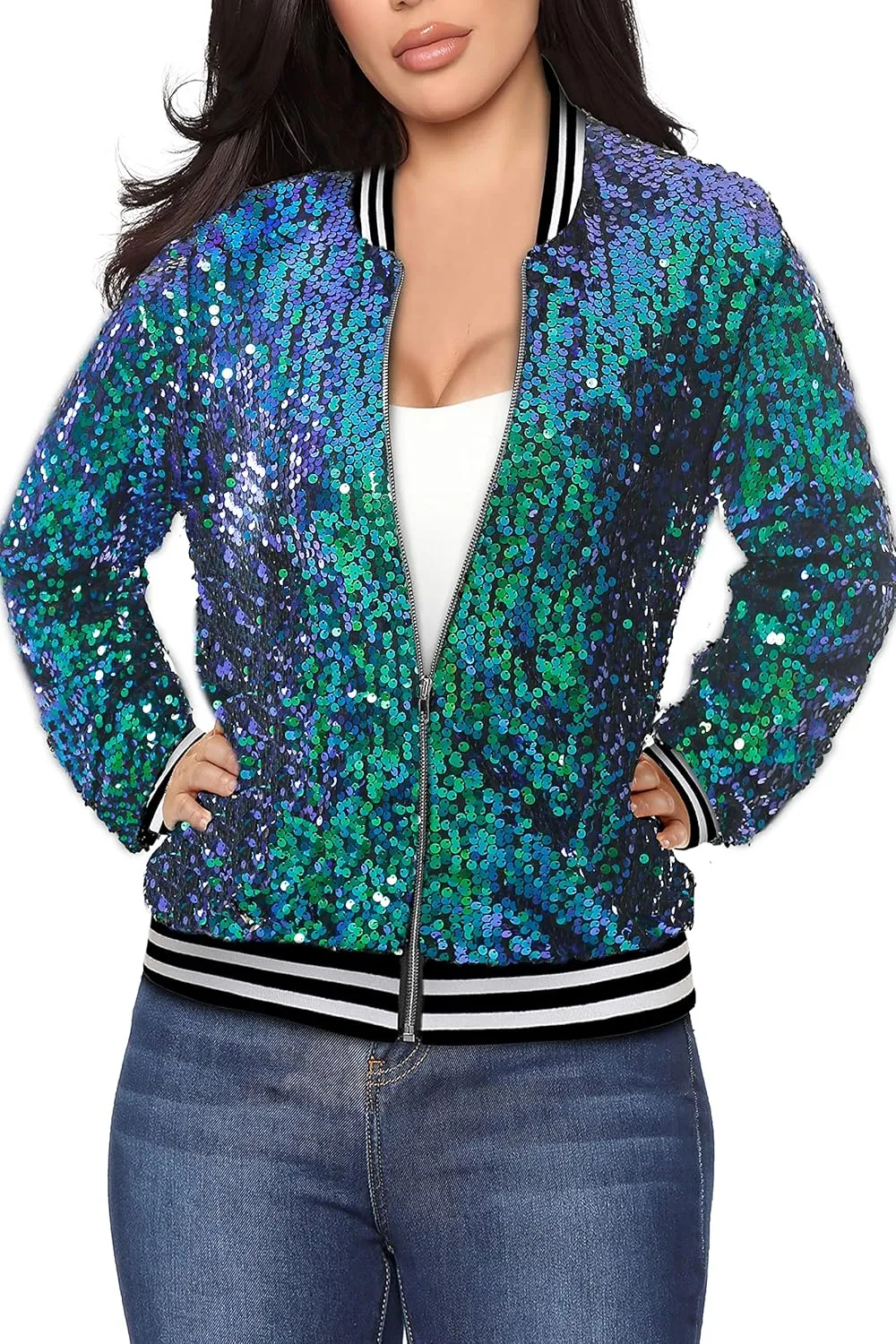 Womens Long Sleeve Sequin Open Front Zipper Jacket with Ribbed Cuffs