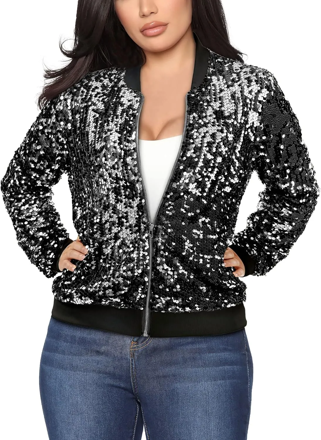 Womens Long Sleeve Sequin Open Front Zipper Jacket with Ribbed Cuffs