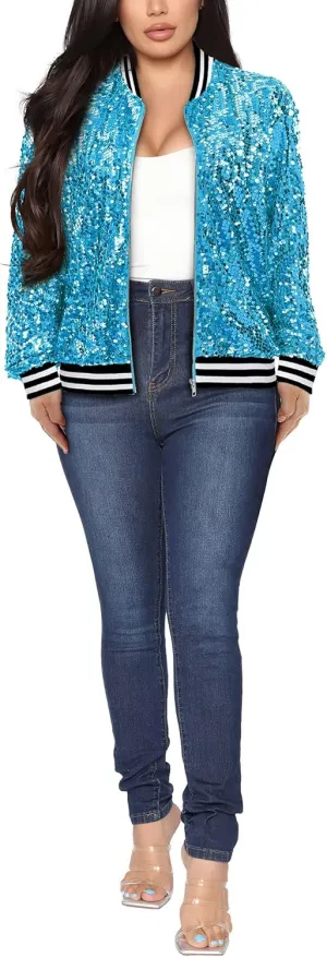 Womens Long Sleeve Sequin Open Front Zipper Jacket with Ribbed Cuffs