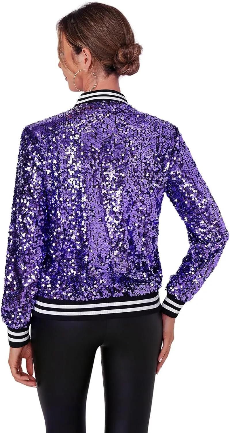 Womens Long Sleeve Sequin Open Front Zipper Jacket with Ribbed Cuffs