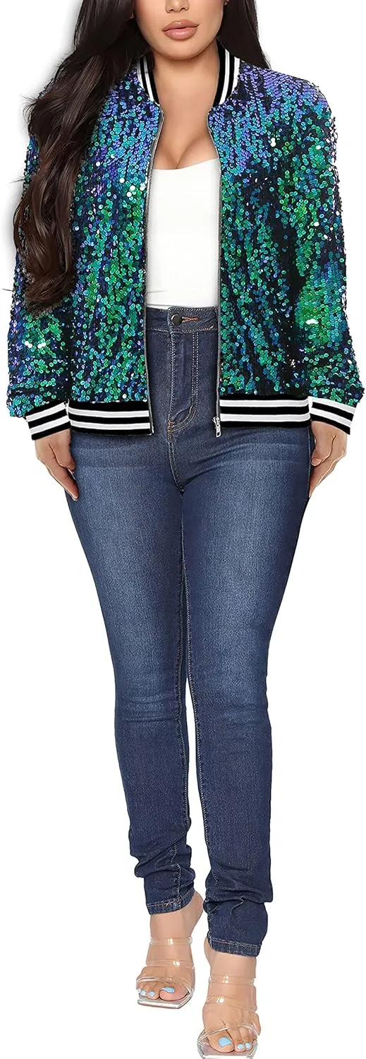 Womens Long Sleeve Sequin Open Front Zipper Jacket with Ribbed Cuffs