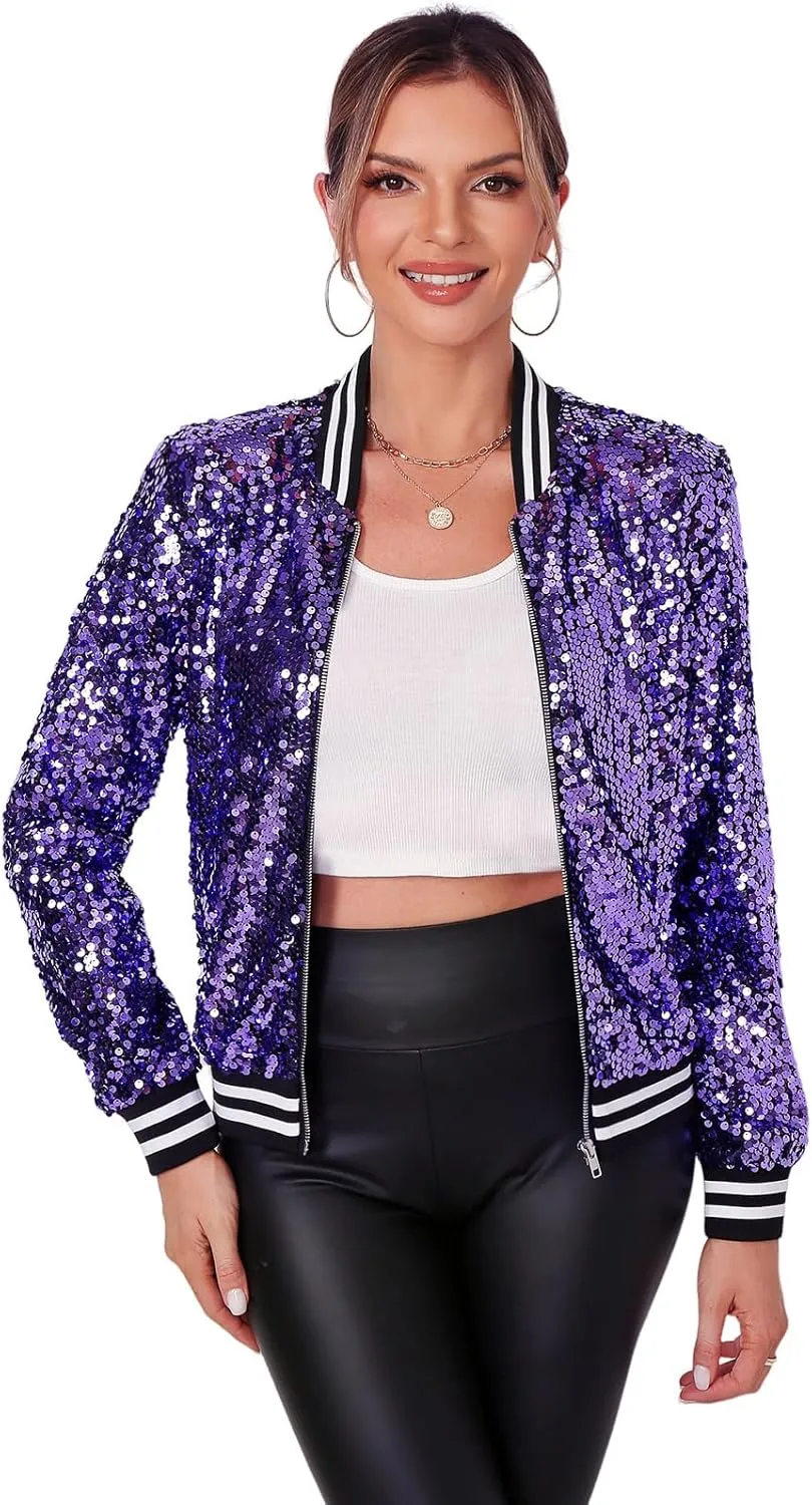 Womens Long Sleeve Sequin Open Front Zipper Jacket with Ribbed Cuffs