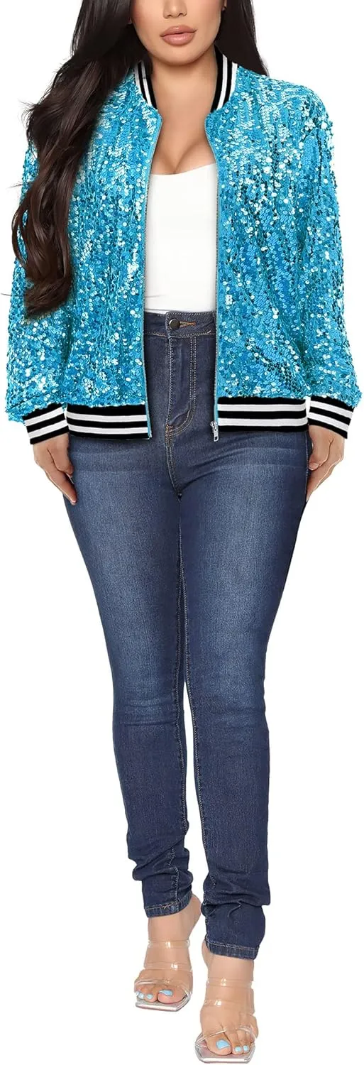 Womens Long Sleeve Sequin Open Front Zipper Jacket with Ribbed Cuffs