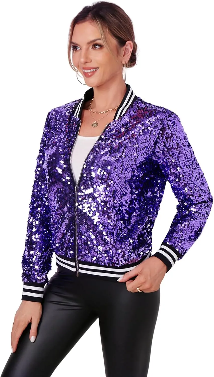 Womens Long Sleeve Sequin Open Front Zipper Jacket with Ribbed Cuffs