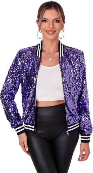 Womens Long Sleeve Sequin Open Front Zipper Jacket with Ribbed Cuffs