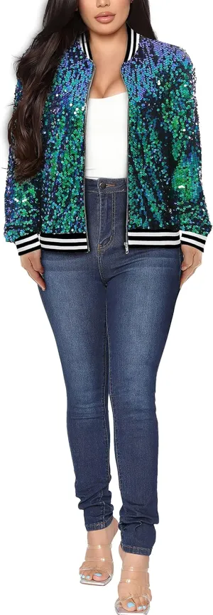 Womens Long Sleeve Sequin Open Front Zipper Jacket with Ribbed Cuffs