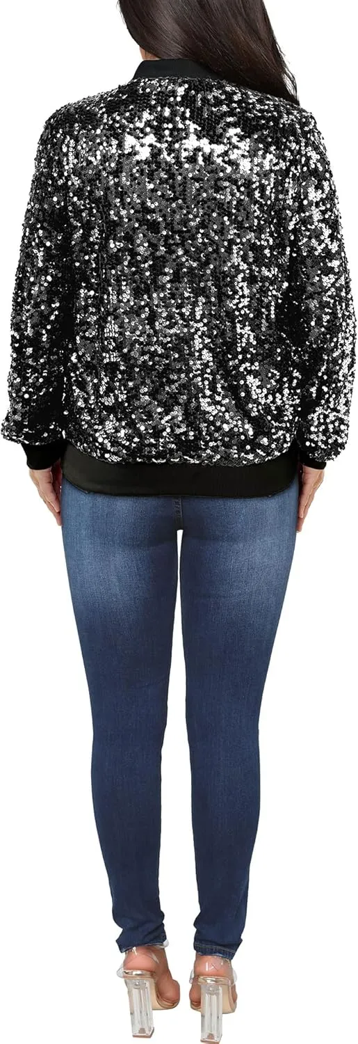 Womens Long Sleeve Sequin Open Front Zipper Jacket with Ribbed Cuffs