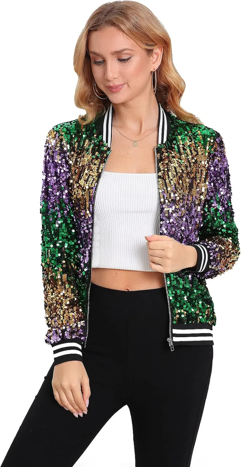 Womens Long Sleeve Sequin Open Front Zipper Jacket with Ribbed Cuffs
