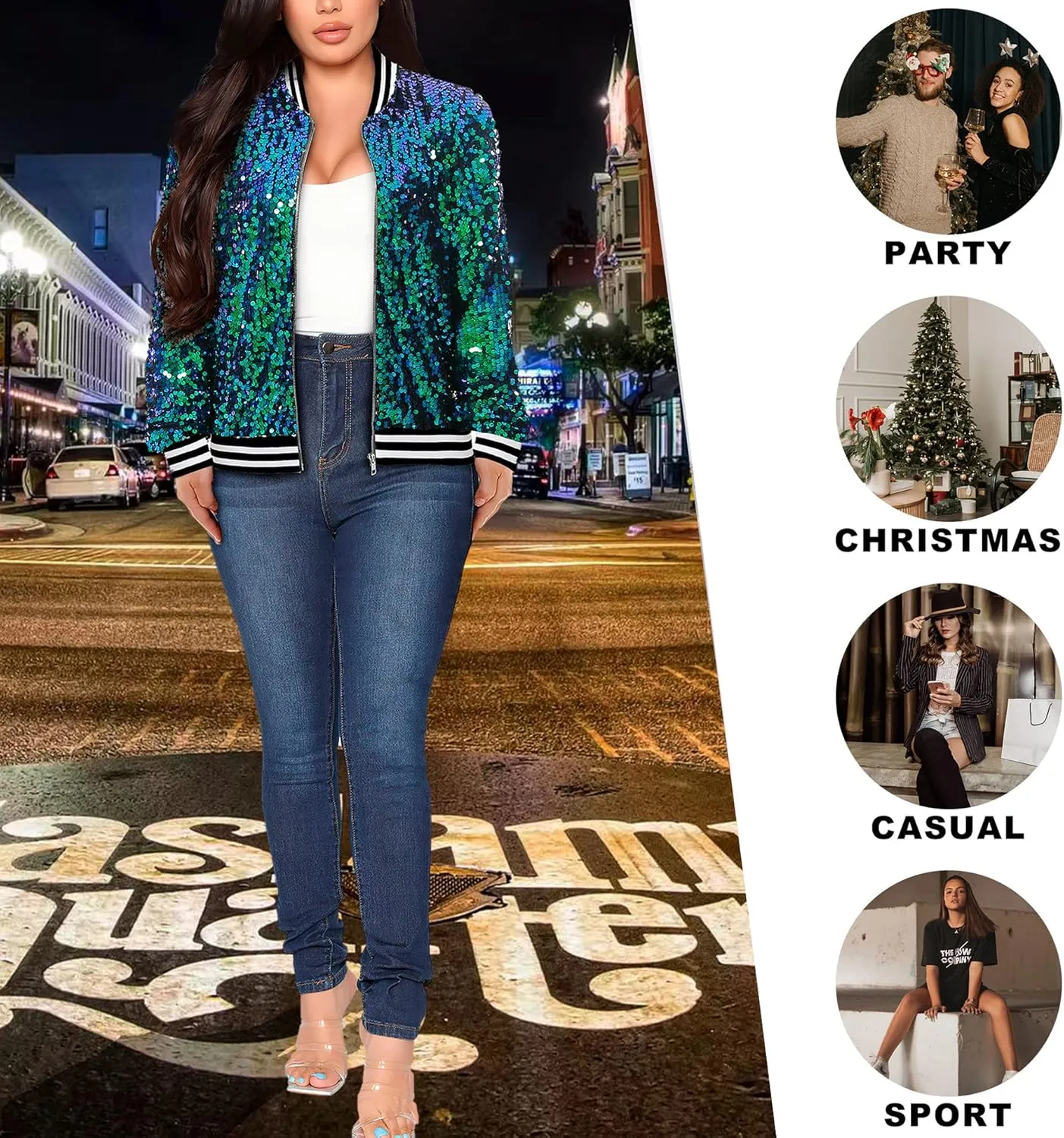 Womens Long Sleeve Sequin Open Front Zipper Jacket with Ribbed Cuffs