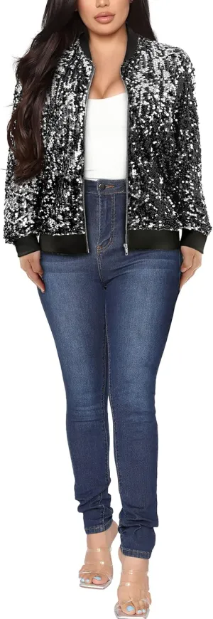 Womens Long Sleeve Sequin Open Front Zipper Jacket with Ribbed Cuffs