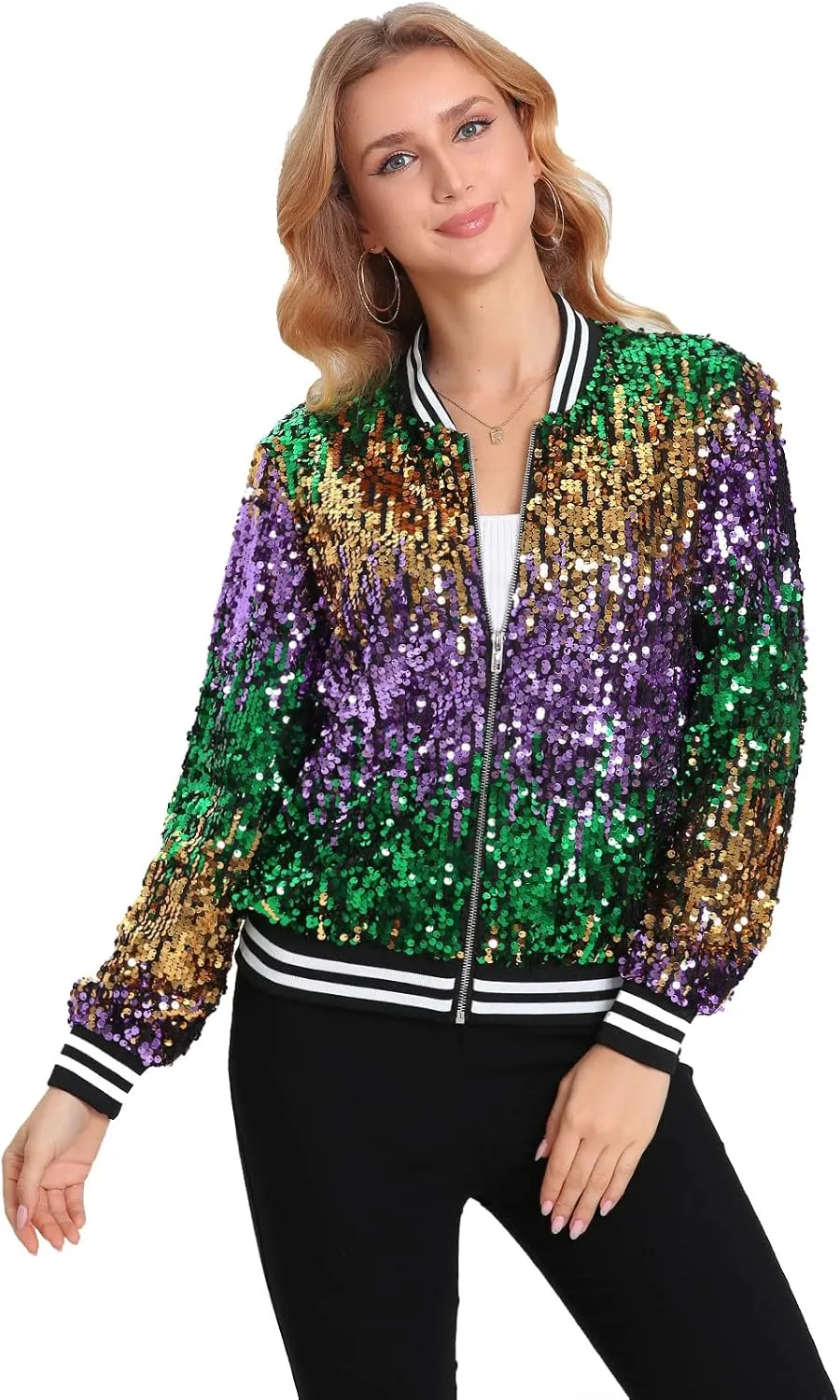 Womens Long Sleeve Sequin Open Front Zipper Jacket with Ribbed Cuffs