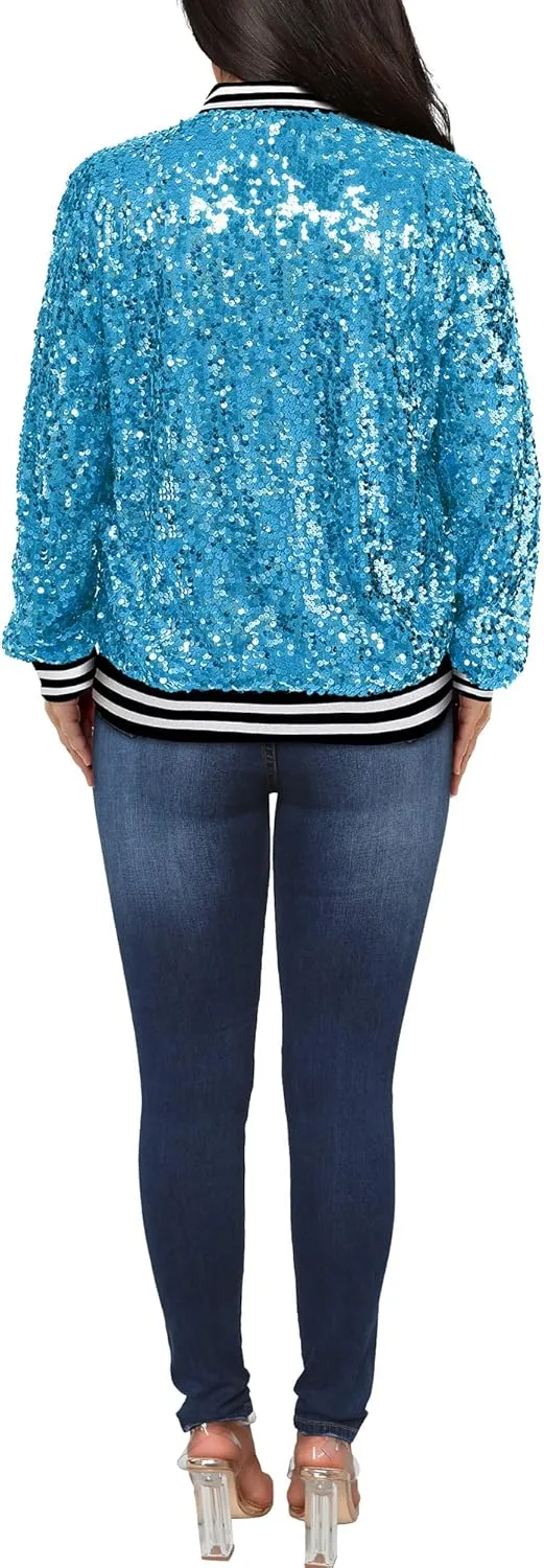 Womens Long Sleeve Sequin Open Front Zipper Jacket with Ribbed Cuffs