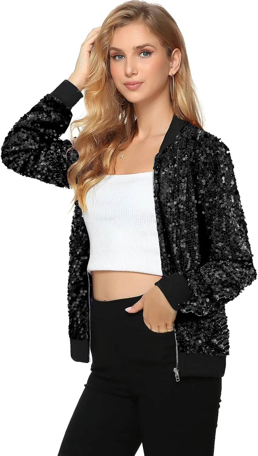 Womens Long Sleeve Sequin Open Front Zipper Jacket with Ribbed Cuffs