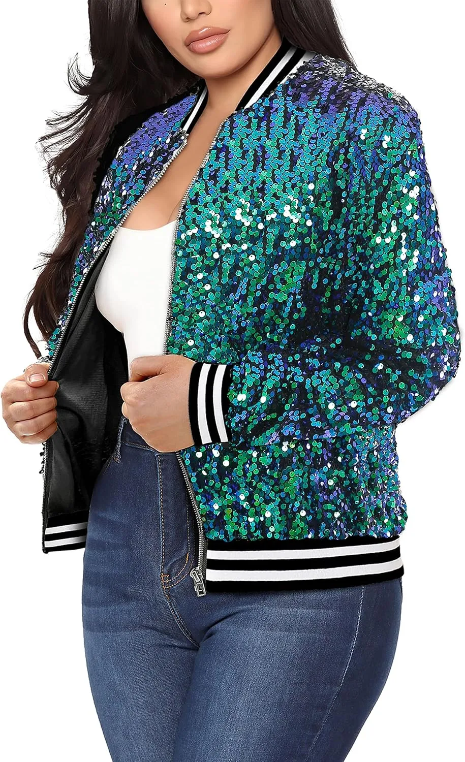 Womens Long Sleeve Sequin Open Front Zipper Jacket with Ribbed Cuffs